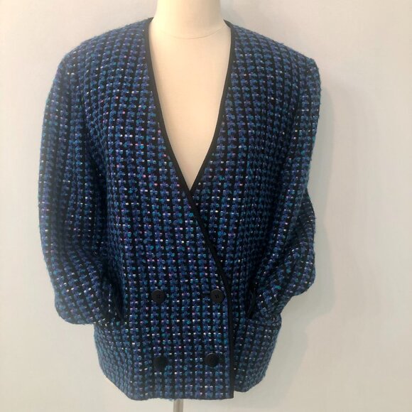 Vintage 80s Jaeger Cobalt Blue Textured Slub-Weave Blazer - Picture 3 of 9